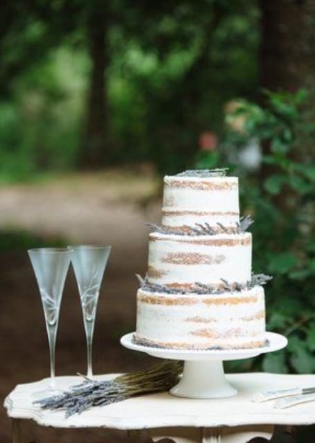 semi naked wedding cake with lavender