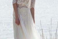 02 bohemian chic lace top quarter length sleeve wedding dress with flowy tulle skirt