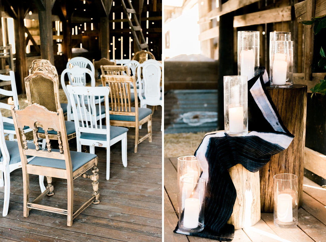 Mismatching chairs and wood logs will add a rustic feel to your wedding