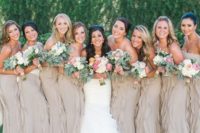 03 neutral ruffled bridesmaids’ gowwns and a bride in white