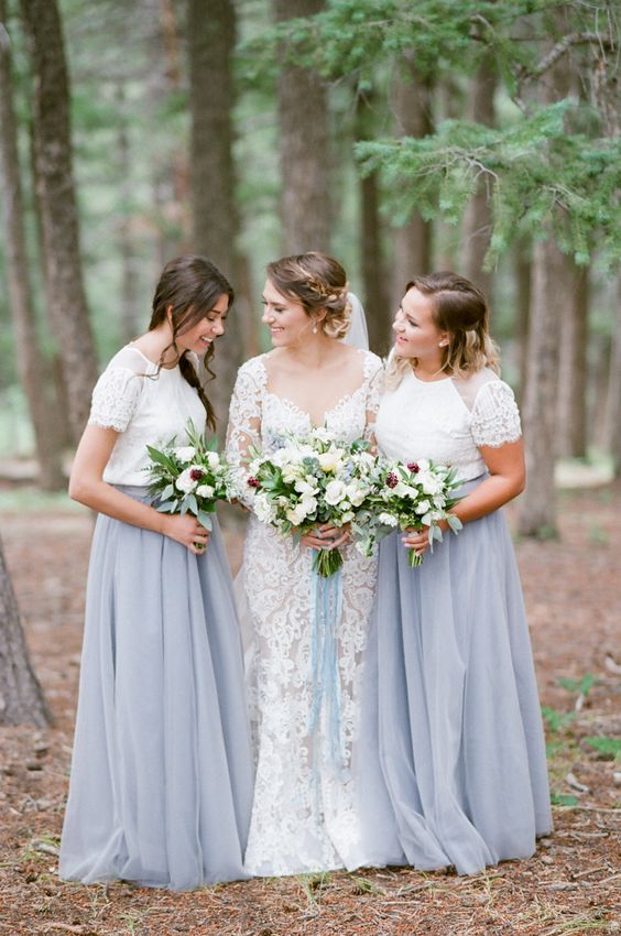 blue maxi skirts and short lace sleeve tops for the bridesmaids