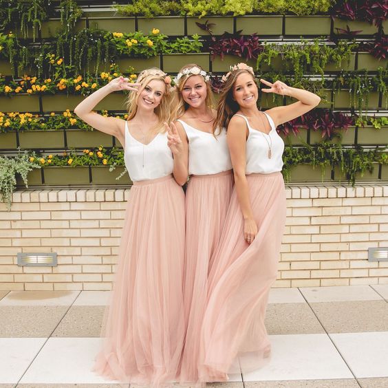 blush tulle maxi skirts and white strap tops