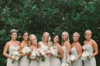 06 dove grey bridesmaids’ maxi dresses with spaghetti straps
