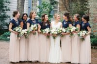 08 blush maxi skirts and navy tops to keep the wedding color scheme up