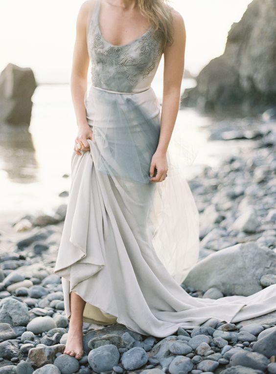 dove grey wedding gown with a beaded bodice