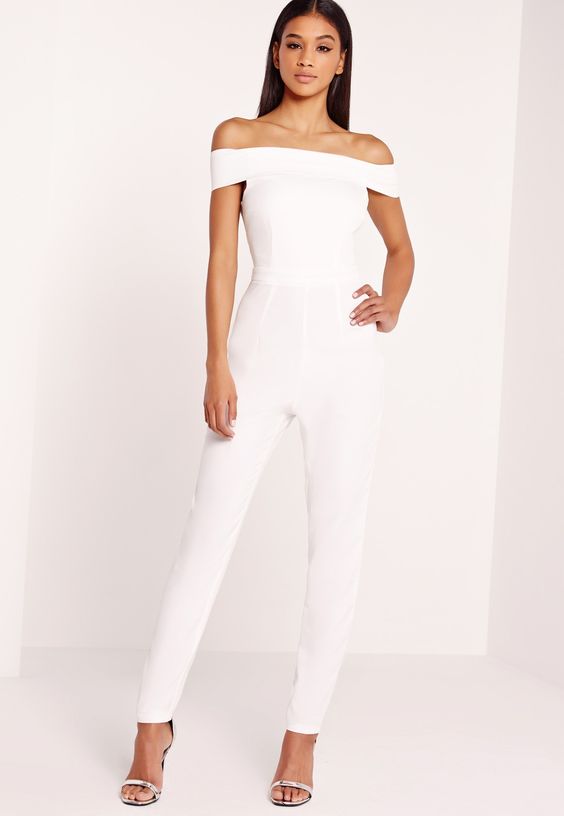 off the shoulder white jumpsuit and a pair of heels is perfect choice