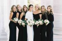 09 mismatched black bridesmaids’ maxi dresses and a modern bride in crispy white