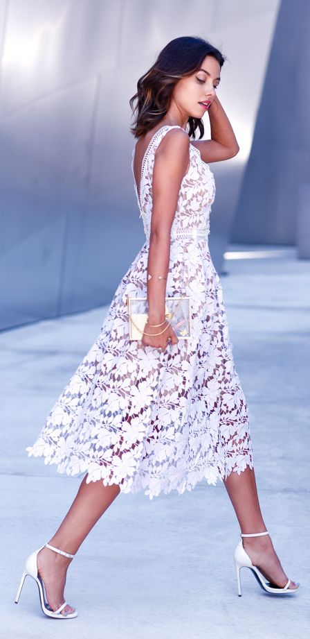 midi white lace dress with a V cutout back