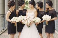 11 chic strapless wedding dress and short black bridesmaids’ dresses