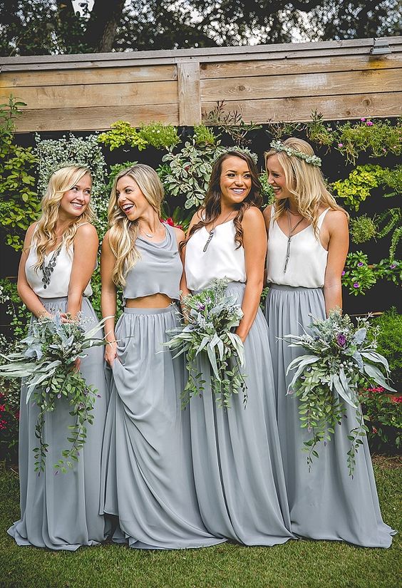 grey chiffon maxi skirts and white tops, a grey crop top for the maid of honor