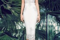 11 perfectly fitting white lace midi dress with cap sleeves and a sash