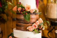 11 semi naked chocolate vanilla wedding cake  with roses and raspberries