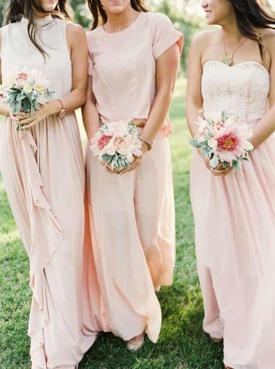 ivory tops and blush maxis, a blush top and a maxi for the maid of honor