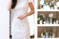 12 sheath white lace mini dress with short sleeves