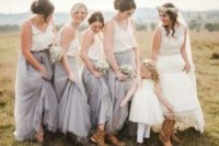 13 grey tulle skirts and white spaghetti strap tops