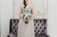 14 dove grey midi bridesmaid’s dress with spaghetti straps