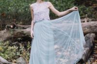 14 grey tulle maxi skirt with a white sleeveless lace top