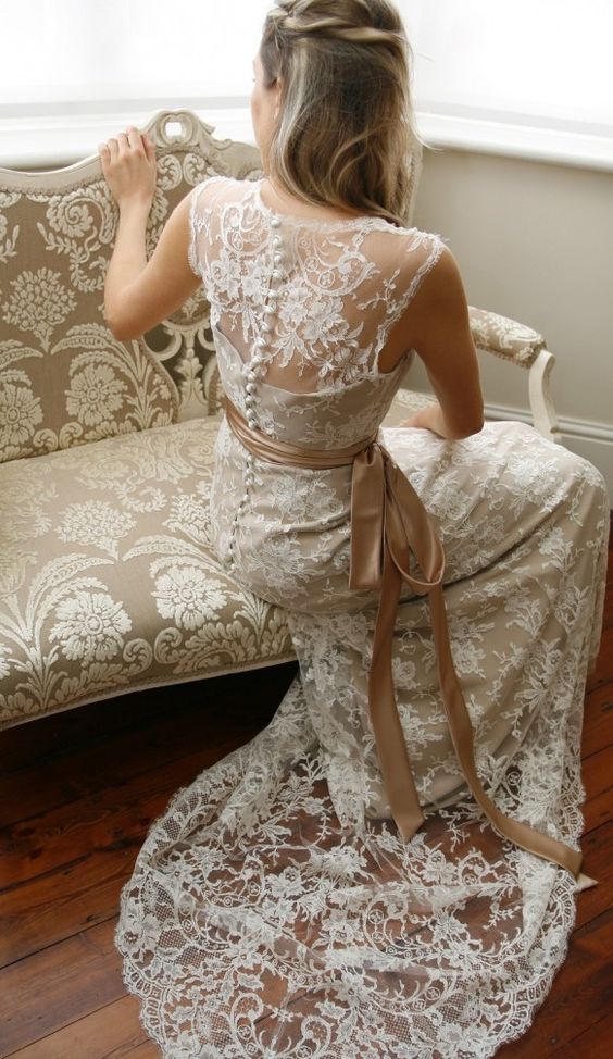 lace sheath wedding dress with an illusion button back