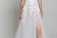 15 V-neckline floral lace applique wedding gown with a side slit