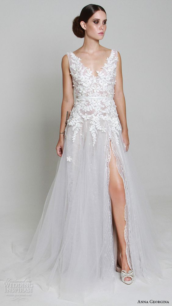 V-neckline floral lace applique wedding gown with a side slit