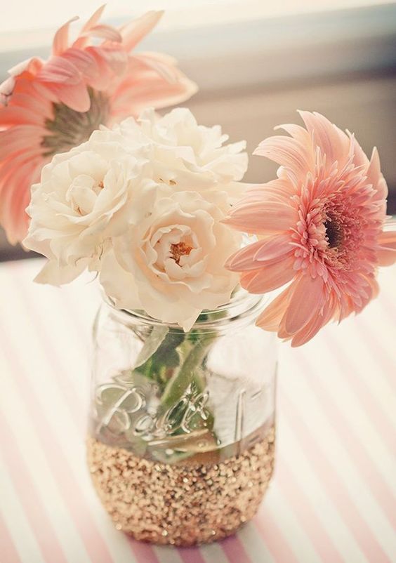glitter mason jar with pink flowers for decor