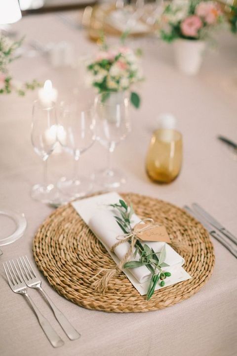 rustic neutral spring place setting with a rattan charger