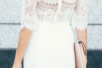 15 white mini dress with half sleeves, a lace bodice and a plain skirt