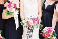 16 chic black maxi dresses for the bridesmaids and the bride in a sleeveless lace wedding dress