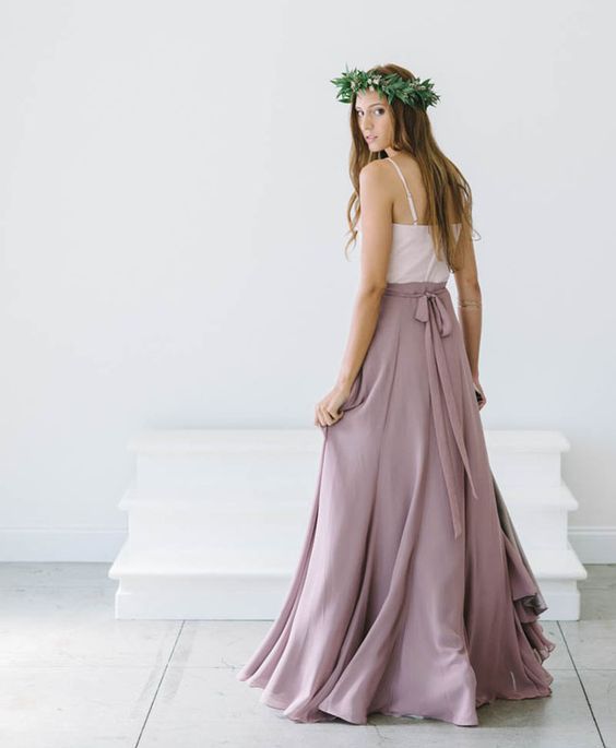 ethereal lavender-color maxi skirt and a white spaghetti strap top