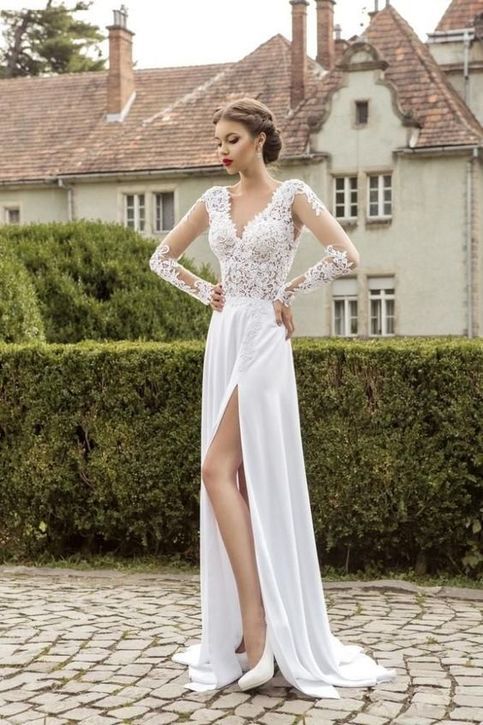 V-neck long sleeve wedding dress with a side slit