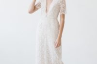 17 white lace midi dress with short sleeves and a plunging neckline