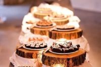 18 dessert bar with food displayed on wood slices