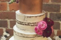 19 gold semi naked wedding cake with pink and burgundy flowers