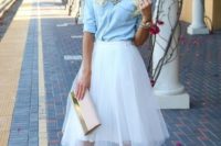20 a white tutu skirt, a chambray shirt, blush heels and a statement necklace