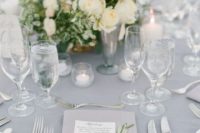 20 dove grey tablecloth, white flowers and neutral decor