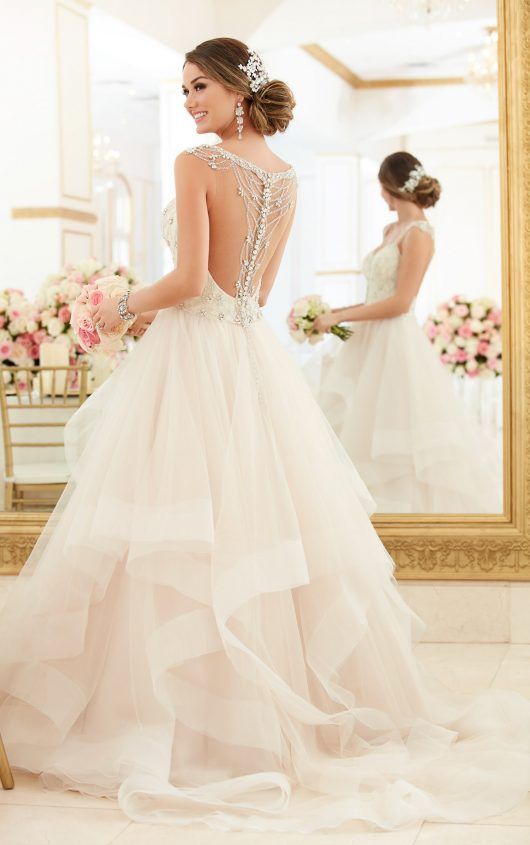 tulle layer ball gown with rhinestone detailing and buttons