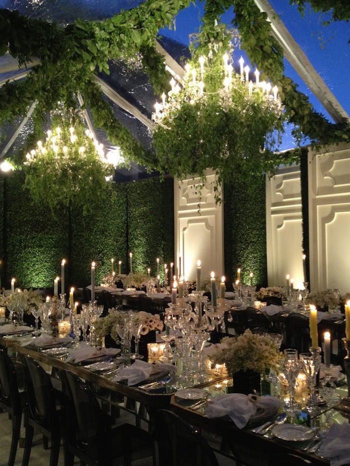 black tie garden wedding reception with living walls and a lot of greenery
