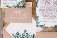 21 bold greenery and flower stationary with kraft paper envelopes