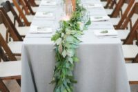 21 dove grey tablecloths look good with greenery like here – a long leaf table runner