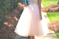 22 blush tulle skirt, a white lace top and heels with bows