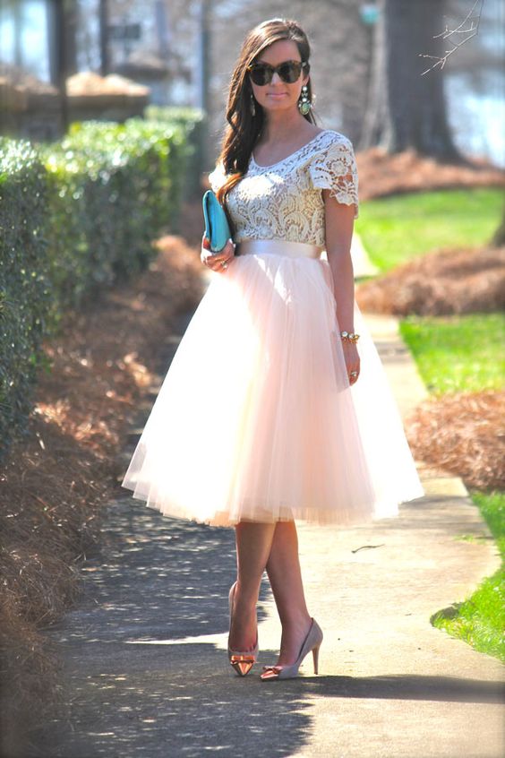 blush tulle skirt, a white lace top and heels with bows