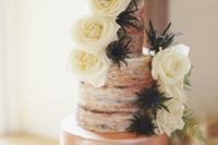 23 semi-naked rose gold wedding cake with thistles and flowers