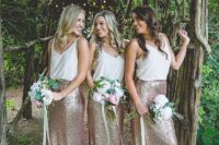24 rose gold sequin maxi skirts and strap white tops