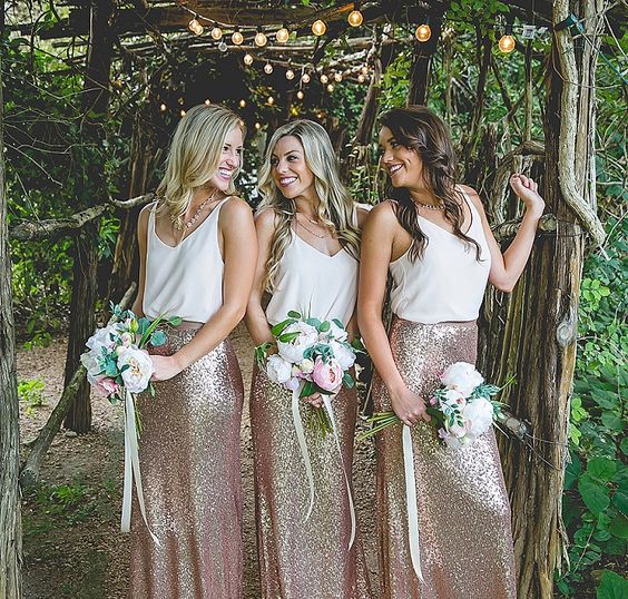 rose gold sequin maxi skirts and strap white tops