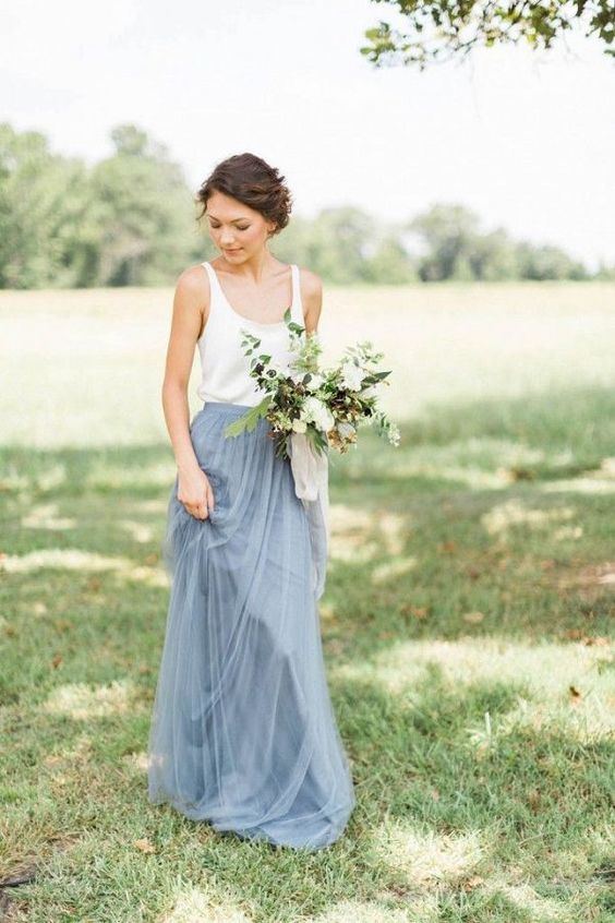 silver grey tulle maxi skirt and a white strap top