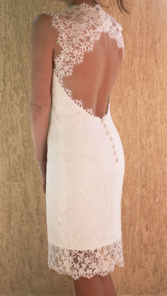knee-length lace wedding dress with a keyhole back and buttons
