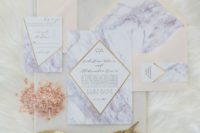 26 marble wedding invitations with gold geometric accents