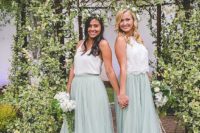 26 mint green tulle layer maxi skirts and different white tops