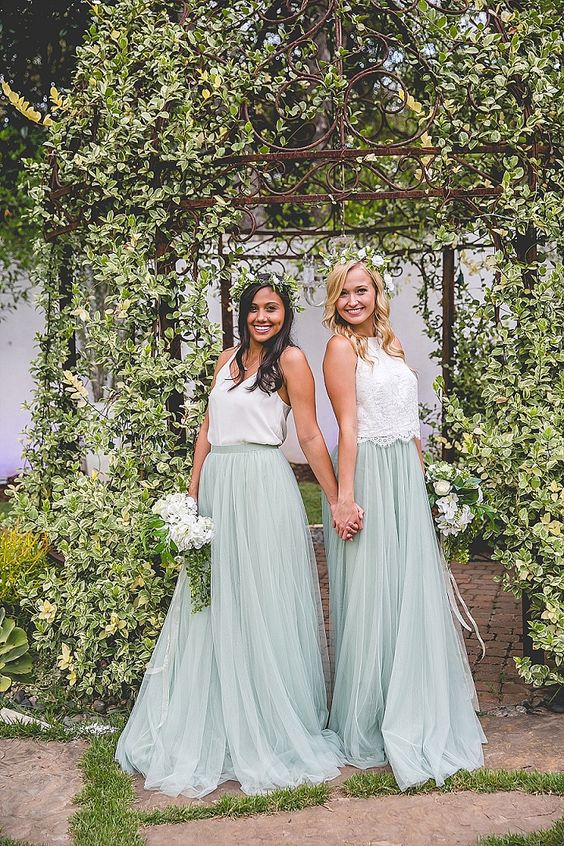 mint green tulle layer maxi skirts and different white tops
