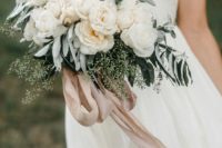 26 neutral wedding bouquet with blush ribbons